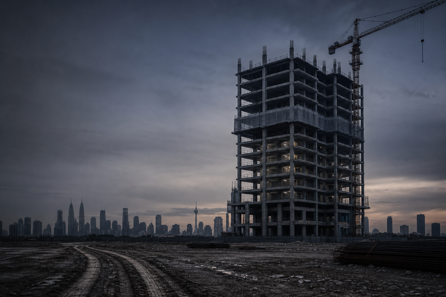 Half-built high-rise tower at blue hour, Klang Valley