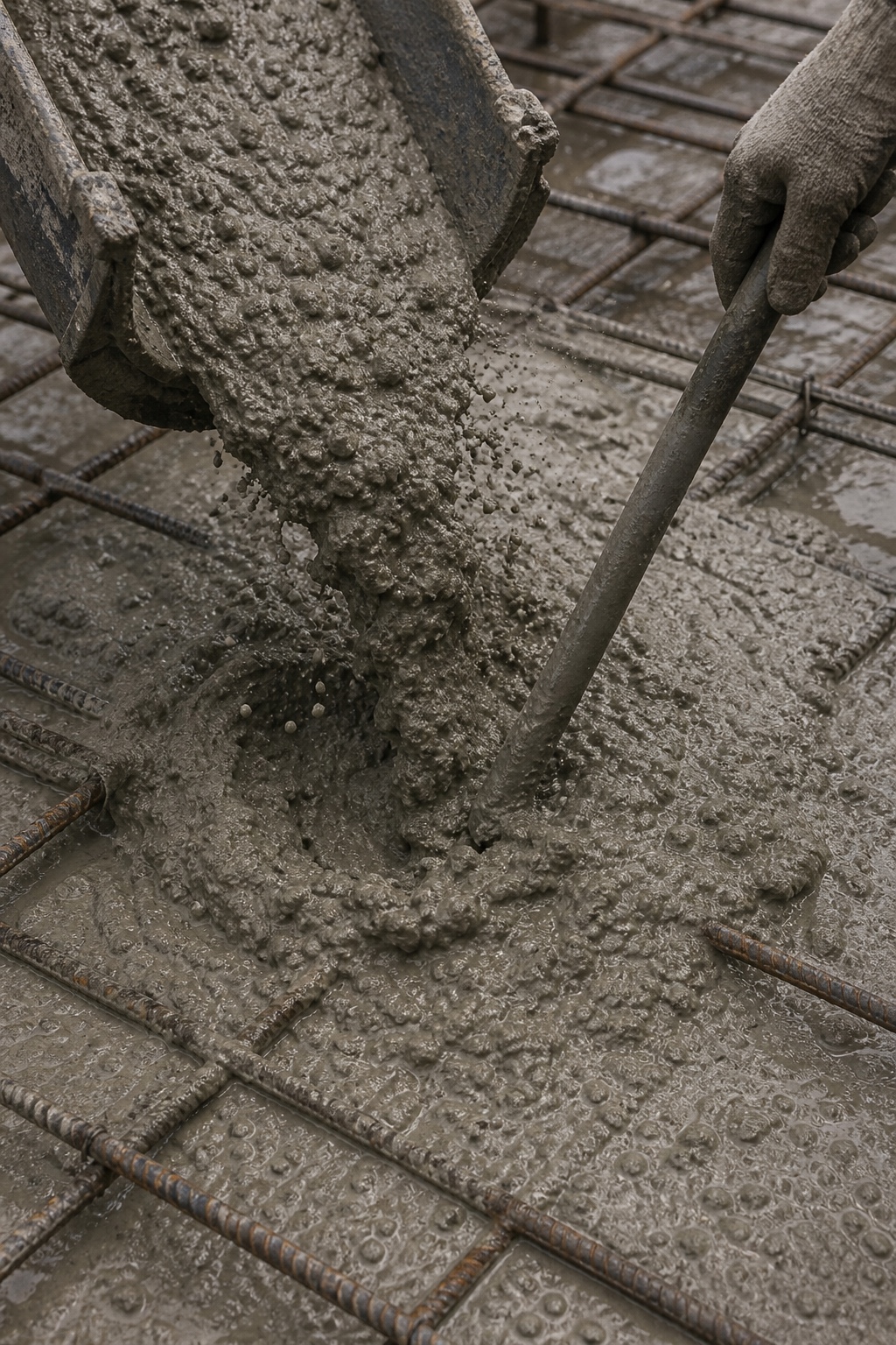 Wet concrete being poured from a chute