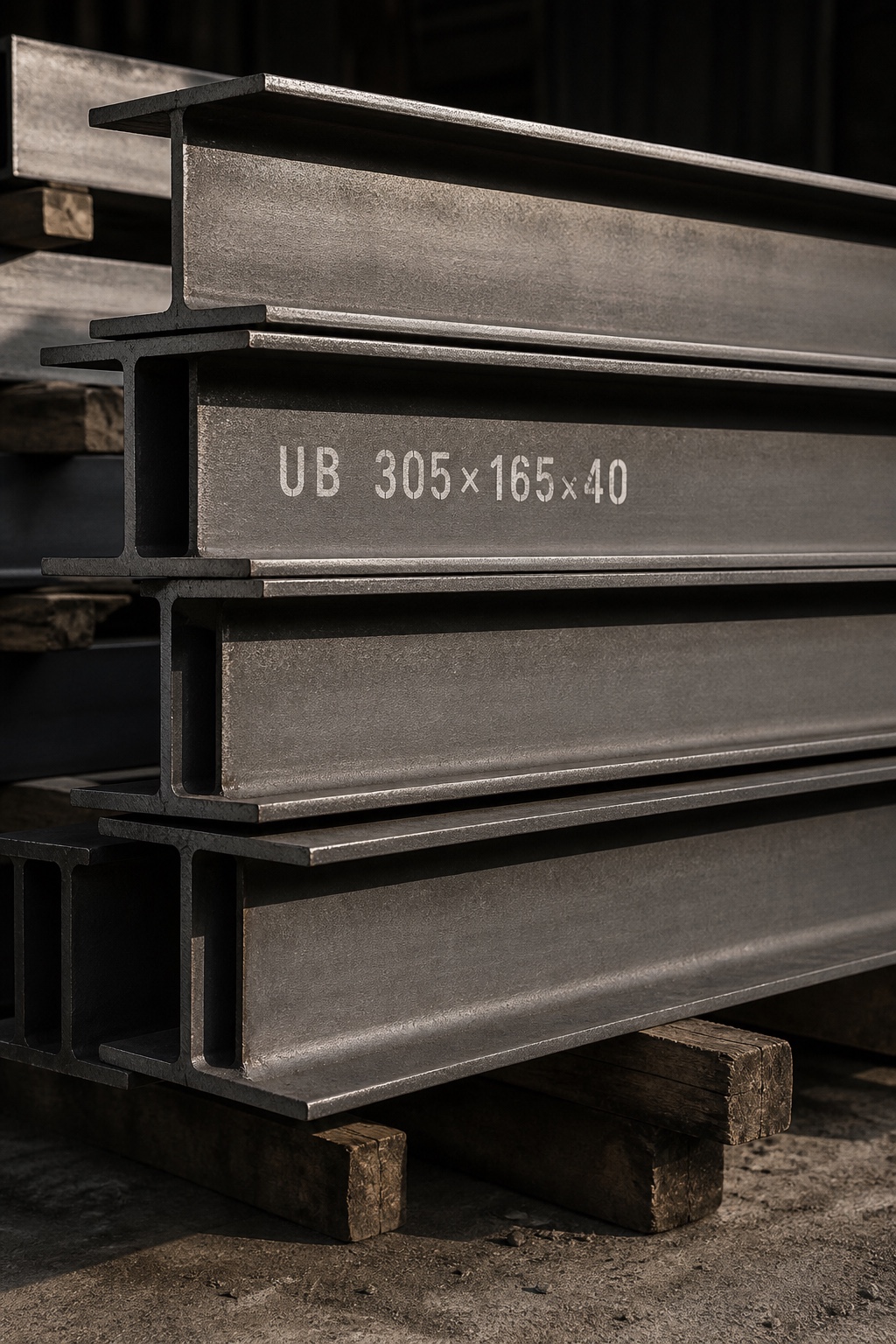 Stacks of structural steel I-beams