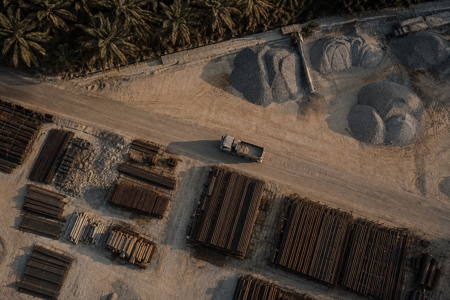 Aerial view of an active Klang Valley construction logistics yard at golden hour